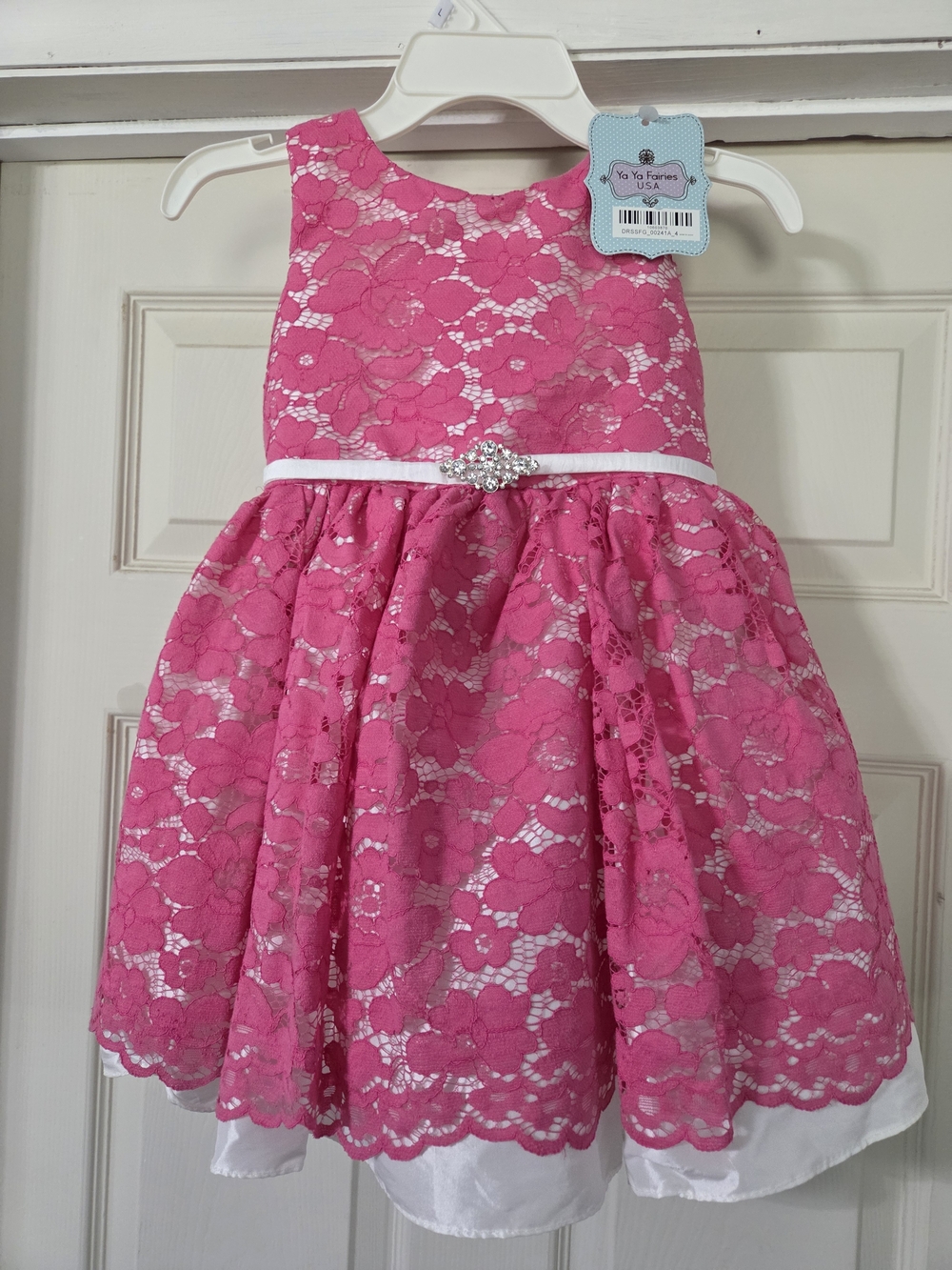 Ya Ya Fairies Hot Pink Floral Lace Princess Dress with Crystal Brooch